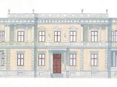 Projekt kordegardy Ambasady US w Warszawie w stylu 19-sto wiecznej willi Leandra Marconiego, rozebranej w 1962 roku.