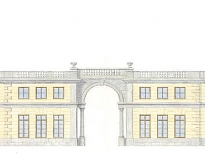 Projekt kompleksu rezydencji w Warszawie. Ilustracja techniką akwarelową.