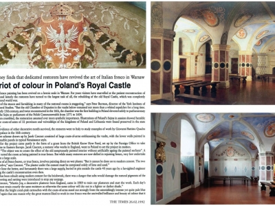 Projekt i realizacja dekoracji w technice al fresco buono, Dawnej Izby Poselskiej w Zamku Królewskim w Warszawie- Fragment "The Times" z 26.02.1992r.