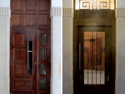 Realizacja projektu drzwi wewnętrznych kamienicy z lat 30-tych. Z lewej strony drzwi sprzed realizacji.